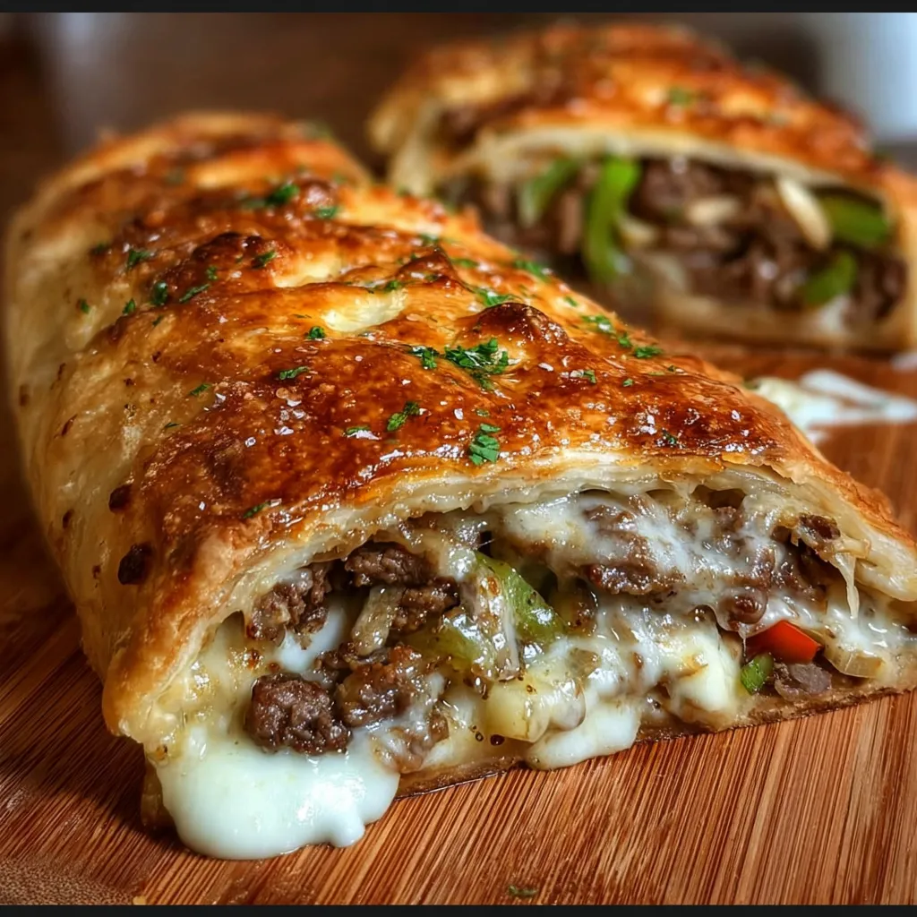 Ultimate Mozzarella Cheesesteak Stromboli with Tender Beef and Caramelized Onions